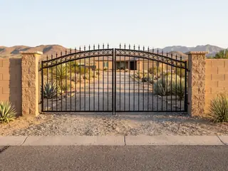 A black wrought iron style double driveway gate with an arched top rail and simple scrolls, closed