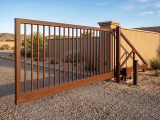 A rust brown steel slide gate with a braced tail section, rolling clear of a gravel drive