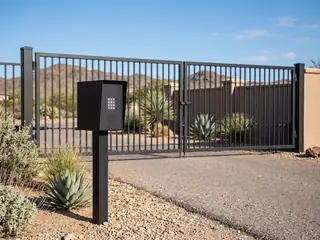 A plain call box with keypad on a short steel pedestal beside a driveway, set back from a closed gate