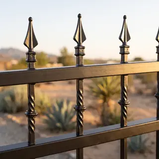 Close view of hand forged iron details: twisted bars, collars and spear points