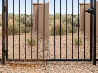 The same iron gate section shown rusted on the left and cleaned and repainted black on the right