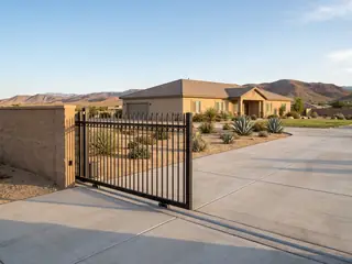 A wrought iron style rolling driveway gate half open, sliding along a split-face block wall