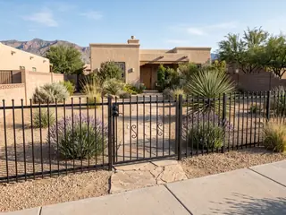 A black wrought iron walk gate in a low front yard iron fence