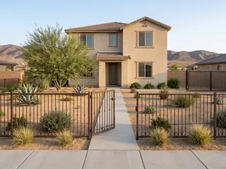 A waist high dark bronze steel fence and matching walk gate across the front yard of a newer stucco home