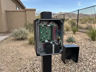 A gate opener control box with the cover off, showing a circuit board and wiring