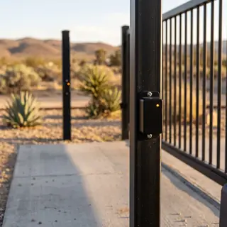 Close view of a photo eye safety sensor on a gate post with a small indicator light on