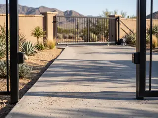 A pair of photo eye safety sensors facing each other across a gate opening