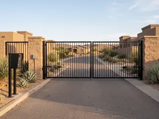 A steel entry gate across a private road with a call box pedestal and a small key switch box on a post