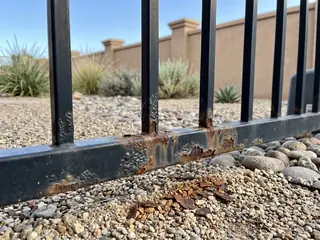 Close view of rust along the bottom rail of a steel gate where bars meet the rail