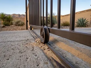 Wind blown sand packed into a slide gate's ground track around a wheel