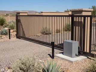 A boxy slide gate operator on a concrete pad beside a closed steel slide gate