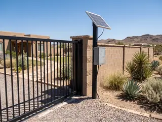 A small solar panel on a steel pole behind a block wall, angled toward the sun, powering a gate opener